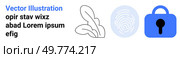 Abstract designs with a fingerprint, lock, and leaves in blue and black. Ideal for topics like online security, data protection, privacy, secure access, and digital authentication. Landing page. Online Security and Data Protection Concepts with Fingerprint and Lock Icons in Blue. Стоковая иллюстрация, агентство Ingram Publishing / Фотобанк Лори