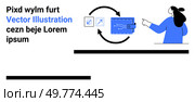 A person points at two synchronized elements, depicted with arrows around a blue card and digital symbols. Ideal for web development, data management, digital transformation, business solutions. Engaging Visual of Data Synchronization and Digital Input by a Character in Blue. Стоковая иллюстрация, агентство Ingram Publishing / Фотобанк Лори