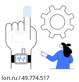 Hand wearing a smartwatch with heart rate display, a large gear in the background, and a person pointing towards it. Ideal for health, wellness, technology, biometric tracking, fitness. Digital. Innovative Health Technology Smartwatch Monitoring Heart Rate with Customizable Settings. Стоковая иллюстрация, агентство Ingram Publishing / Фотобанк Лори