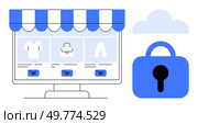 Computer screen displays online shop with shopping cart icons and clothes. Padlock and cloud icon emphasize security and data protection. Ideal for ecommerce, security, cloud services, online. Online Shopping Security With Secure Payment Solutions and Cloud Services. Стоковая иллюстрация, агентство Ingram Publishing / Фотобанк Лори