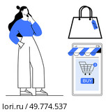 Woman contemplating online shopping with a smartphone featuring a shopping cart and buy button and a shopping bag icon. Ideal for e-commerce advertising digital marketing online shopping retail. Online Shopping Concept with Woman Considering Purchase on Mobile App. Стоковая иллюстрация, агентство Ingram Publishing / Фотобанк Лори