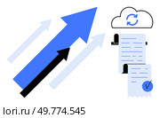 Arrows point upward suggesting growth alongside a cloud symbol with synchronization sign indicating cloud syncing of financial data. Ideal for business, finance, technology, growth, cloud services. Concept of Business Growth and Cloud-Based Synchronization for Financial Data. Стоковая иллюстрация, агентство Ingram Publishing / Фотобанк Лори