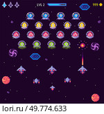 Image shows a classic arcade-style space shooter game level. Alien enemies are arranged in rows with player spaceships ready to attack. Classic pixel art style. Ideal for video games, retro gaming. Retro Pixel Space Shooter Game Level with Aliens and Spaceships in Battle. Стоковая иллюстрация, агентство Ingram Publishing / Фотобанк Лори