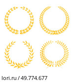 Four golden laurel wreaths are arranged in a square pattern with unique leaf styles. Each wreath symbolizes victory, honor, accomplishment, and prestige. Ideal for awards, certificates, logos. Golden Laurel Wreath Collection with Four Designs Signifying Victory and Achievement. Стоковая иллюстрация, агентство Ingram Publishing / Фотобанк Лори
