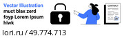 Secure document handling with a digital lock, a person pointing to a contract document, and an approved signature stamp. Ideal for legal agreements, data security, digital contracts, e-signatures. Secure Document Handling with Contract Signing and Digital Lock. Стоковая иллюстрация, агентство Ingram Publishing / Фотобанк Лори