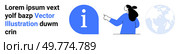 Female character pointing at an info icon. Ideal for business presentations, information dissemination, global communication, customer support, educational content. Banner for landing page. Business Information and Global Connectivity with Female Character Pointing to Info Icon. Стоковая иллюстрация, агентство Ingram Publishing / Фотобанк Лори