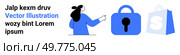 Woman pointing towards a large lock and shopping bag. Ideal for E-commerce, Online Security, Digital Transactions, Cybersecurity, Online Shopping. Flat vector art style. Woman Pointing Towards Shopping Bag and Lock Concept for Secure Online Shopping and E-commerce. Стоковая иллюстрация, агентство Ingram Publishing / Фотобанк Лори