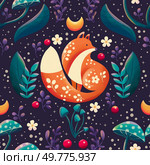 This captivating seamless pattern features adorable foxes nestled amongst a vibrant forest scene with mushrooms. The background is a deep purple, reminiscent of a starry night sky. The pattern is perfect for adding a touch of enchantment to various design projects.. Enchanting Fox Forest and Mushrooms Seamless Pattern. Стоковое фото, агентство Ingram Publishing / Фотобанк Лори