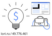 Lightbulb with dollar symbol represents a profitable idea next to a web browser interface and work bag. Ideal for entrepreneurship, online business, e-commerce, start-ups, work-from-home, innovation. Bright Idea for Online Business and Success with Website and Work Bag Design Illustration. Стоковая иллюстрация, агентство Ingram Publishing / Фотобанк Лори