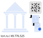 Government building with columns, QR code in top right corner, and long printed document with checkmark. Ideal for digitalization, e-governance, technology, authentication, public services. Government Building with QR Code and Printed Document. Стоковая иллюстрация, агентство Ingram Publishing / Фотобанк Лори
