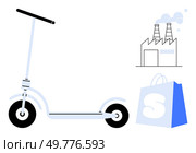 Scooter with factory emitting smoke and shopping bag. Ideal for sustainable transportation, urban mobility, environmental impact, shopping, and modern city life. Simple, clean, minimalist style. Urban Commute Eco-Friendly Scooter with Industrial and Shopping Elements. Стоковая иллюстрация, агентство Ingram Publishing / Фотобанк Лори