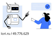 A robot and a human both pointing at a checklist. Both figures appear engaged in a collaborative task. Ideal for technology, teamwork, AI integration, automation, and future tech advancements. Modern. Robot pointing at checklist with human assisting. Стоковая иллюстрация, агентство Ingram Publishing / Фотобанк Лори
