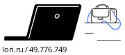 Laptop alongside a briefcase on a desk. Ideal for business presentations, office environments, work-from-home setups, corporate training, remote meetings, productivity tools, and digital workspaces. Professional Setup with Laptop and Briefcase on Desk, Ideal for Business Contexts. Стоковая иллюстрация, агентство Ingram Publishing / Фотобанк Лори