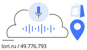 Cloud storage hosts voice assistant microphone with soundwave graphic. Nearby is shopping bag and location pin icon. Ideal for cloud technology, voice assistance, online shopping, geolocation. Cloud Storage with Voice Assistant, Shopping, and Location Icon. Стоковая иллюстрация, агентство Ingram Publishing / Фотобанк Лори
