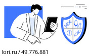 Medical professional uses tablet, considering shield symbols DNA, stethoscope, syringe, pill. Ideal for healthcare, medical advice, technology in health, telemedicine, research protection. Medical professional reviewing information on tablet with healthcare-themed shield for comprehensive care. Стоковая иллюстрация, агентство Ingram Publishing / Фотобанк Лори