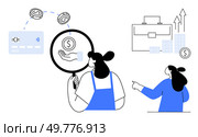 Businesswoman with magnifying glass analyzing financial data and investments. Ideal for finance, investment growth, business analysis, market research, and economic education themes. Simple modern. Businesswoman Analyzing Financial Growth and Investment Returns Using Modern Tools. Стоковая иллюстрация, агентство Ingram Publishing / Фотобанк Лори