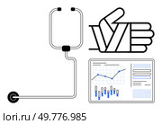 Stethoscope, thumbs-up hand gesture, and analytical data chart. Ideal for healthcare, medical professionals, patient satisfaction, medical technology, data analysis, health trends, wellness. Medical check-up and positive health outcomes represented by stethoscope, thumbs-up, and data chart. Стоковая иллюстрация, агентство Ingram Publishing / Фотобанк Лори