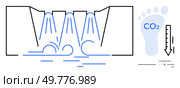 Water flowing through treatment process with jets and channels, carbon footprint symbol and downward arrow indicating CO2 reduction. Ideal for sustainability, environmental science, water. Water Treatment Process with Focus on Reducing Carbon Footprint for Sustainable Operations. Стоковая иллюстрация, агентство Ingram Publishing / Фотобанк Лори