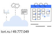 Cloud connected to bar graph, puzzle pieces, and calendar with dots representing events. Ideal for project management, teamwork, integration, productivity, scheduling, data syncing, and digital. Cloud Integration with Calendar and Data Analytics Representation for Improved Project Planning. Стоковая иллюстрация, агентство Ingram Publishing / Фотобанк Лори