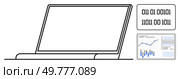 Laptop with blank screen, binary code, and data chart with graphs and bars. Ideal for technology presentations, coding, data analysis, IT training, software development, digital marketing. Laptop with Binary Code and Analytical Data Chart Representing Technology and Data Analysis Concepts. Стоковая иллюстрация, агентство Ingram Publishing / Фотобанк Лори