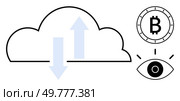 Cloud with up and down arrows symbolizing data transfer, bitcoin circle above an eye suggesting security and privacy. Ideal for tech, finance, cybersecurity, privacy, blockchain, data management. Cloud Storage and Security with Blockchain and Privacy Indicators Concept. Стоковая иллюстрация, агентство Ingram Publishing / Фотобанк Лори