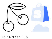 Simple outline of cherries next to a blue shopping bag with a letter S and a cloud. Ideal for minimalist art, online shopping, digital logos, mobile apps, and fruit-related designs. Black outline. Minimalist Design of Cherries and Shopping Bag with Cloud Icon. Стоковая иллюстрация, агентство Ingram Publishing / Фотобанк Лори