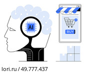 Image of a head with an AI chip inside depicting artificial intelligence. Adjacent is a smartphone with a shopping cart icon and packages. Ideal for technology, artificial intelligence, e-commerce. AI Integration in E-Commerce Operations for Improved Efficiency and Consumer Experience. Стоковая иллюстрация, агентство Ingram Publishing / Фотобанк Лори
