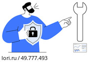 Bearded man holding shield with padlock symbol, pointing toward a wrench, small data charts displayed. Ideal for cybersecurity, IT support, safety protocols, technical audits, data analysis. Man Holding Shield with Padlock Symbol Pointing Towards Wrench and Data Charts in Background. Стоковая иллюстрация, агентство Ingram Publishing / Фотобанк Лори