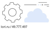 Gear icon beside a cloud shape with horizontal lines and dots. Ideal for cloud computing, technology optimization, IT services, software settings, data management, digital transformation, web. Cloud computing and settings gear vector, symbolizing cloud services and optimization technologies. Стоковая иллюстрация, агентство Ingram Publishing / Фотобанк Лори