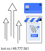 Arrows pointing upwards next to a smartphone with an online shopping cart and a credit card indicate growth in online shopping and mobile payments. Ideal for ecommerce, online payments, mobile. Online Shopping Growth with Mobile and Card Payment. Стоковая иллюстрация, агентство Ingram Publishing / Фотобанк Лори