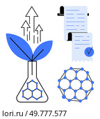 A drawing of a beaker with leaves, arrows indicating growth, a molecular structure, and a document with a checkmark. Ideal for science, sustainability, research, innovation, education. Simple modern. Sustainable Science with Graphene and Growth - Leaves in Beaker, Graph Structure, Document with Checkmark. Стоковая иллюстрация, агентство Ingram Publishing / Фотобанк Лори