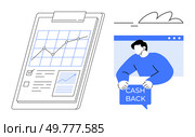 Graph shows upward trend report with checklists. Person holds cash back sign. Ideal for finance, investments, savings, financial planning, marketing. Modern clean style. Financial Growth and Cashback Illustration in Minimalist Design. Стоковая иллюстрация, агентство Ingram Publishing / Фотобанк Лори