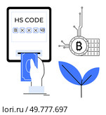 Hand inserting cash into a slot marked HS Code. Nearby, a Bitcoin symbol with circuitry and a green leaf. Ideal for finance, cryptocurrency, environmental sustainability, technology, and global. Digital Transaction with Cryptocurrency and Environmental Sustainability Elements. Стоковая иллюстрация, агентство Ingram Publishing / Фотобанк Лори
