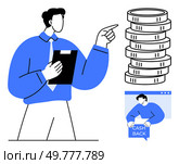A person holding a clipboard points toward a stack of coins. Another figure displays a cash back sign. Ideal for finance, business, success, profits, and rewards. Clean minimal vector style. Businessman Guiding Financial Success with Cash Back Rewards and Profits. Стоковая иллюстрация, агентство Ingram Publishing / Фотобанк Лори