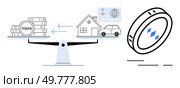 Balanced scales compare tokens and real-world assets like houses and cars, emphasizing blockchain technology and digital transactions. Ideal for cryptocurrency, blockchain, digital finance, asset. Blockchain Token Exchange for Real Estate and Automotive Assets. Стоковая иллюстрация, агентство Ingram Publishing / Фотобанк Лори