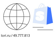 Represents a black-outlined sphere on left and a blue shopping bag with white letter S on right Ideal for e-commerce, global trade, online shopping, international business, digital marketing. Simple. World Globe and Shopping Bag Illustration Representing Global Commerce and E-commerce. Стоковая иллюстрация, агентство Ingram Publishing / Фотобанк Лори