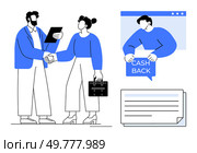 Two professionals shaking hands, a person holding a Cash Back sign, and a financial document. Ideal for business deals, partnerships, cashback offers, financial discussions, professional agreements. Business Partnership, Cashback Offer, and Financial Document. Стоковая иллюстрация, агентство Ingram Publishing / Фотобанк Лори