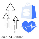 Black arrows indicate growth or progress a blue shopping bag signifies retail or e-commerce and a blue heart with a line shows health. Ideal for business development e-commerce healthcare success. Growth Arrows Shopping Bag and Heartbeat in Blue and Black on White Background. Стоковая иллюстрация, агентство Ingram Publishing / Фотобанк Лори