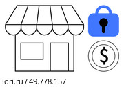 Simple line drawing of a small store with a blue lock and a dollar sign. Ideal for themes of online business, e-commerce, financial security, small business ownership, and digital transactions. Small Store with Lock and Dollar Symbols Representing Online Security and E-commerce Transactions. Стоковая иллюстрация, агентство Ingram Publishing / Фотобанк Лори