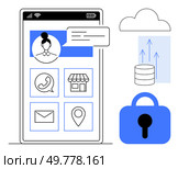 A smartphone screen displays a user profile, messaging, and app icons. Nearby are icons for data security, cloud storage, and data transfer. Mobile Interface with Security, Messaging, and Cloud Features Highlighting User Profile. Стоковая иллюстрация, агентство Ingram Publishing / Фотобанк Лори