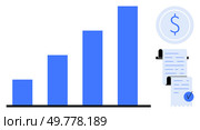 Blue bar chart with increasing bars on the left, blue dollar sign in a circular emblem at the top right, and receipts with check marks on the right. Ideal for finance and business analysis. Bar Chart Showing Financial Growth with Receipts and Dollar Sign. Стоковая иллюстрация, агентство Ingram Publishing / Фотобанк Лори