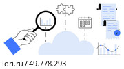 Hand with magnifying glass examining data. Includes puzzle piece, cloud, calendar, receipts, document with checkmark, and graph. Ideal for data analytics, cloud services, time management, finance. Data Analysis and Cloud Integration with Magnifying Glass and Schedules. Стоковая иллюстрация, агентство Ingram Publishing / Фотобанк Лори