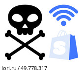 Skull and crossbones, wireless signal, and shopping bag symbolize cybersecurity issues in e-commerce. Ideal for digital security, online shopping risks, internet safety, cyber threats, data. Skull and Crossbones, wireless Symbol, and Shopping Bag Graphic Representing Cybersecurity. Стоковая иллюстрация, агентство Ingram Publishing / Фотобанк Лори
