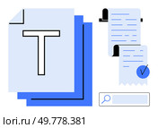 Stack of papers with large T, two receipts with checkmark, and search icon. Ideal for office organization, documentation, record-keeping, bookkeeping, and digital archiving. Modern minimalist style. Stack of Documents and Receipts with Search Icon in Modern Minimalist Design. Стоковая иллюстрация, агентство Ingram Publishing / Фотобанк Лори