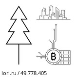 Simple line art shows a pine tree, a city skyline, and a Bitcoin symbol with electronic connections. Ideal for nature, urbanization, cryptocurrency, technology, and minimalism themes. Black and white. Modern Symbols of Nature, Urbanization, and Cryptocurrency in Minimalist Line Art. Стоковая иллюстрация, агентство Ingram Publishing / Фотобанк Лори