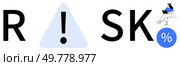 Typography spelling the word RISK with an exclamation mark inside a triangle as the letter I. Woman working on laptop and percentage symbol finish the word. Ideal for financial analysis, business. Creative typography spelling RISK with triangle warning sign and percentage symbol elements. Стоковая иллюстрация, агентство Ingram Publishing / Фотобанк Лори