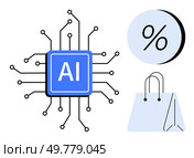 AI chip with interconnected circuit lines, percentage sign and shopping bag. Ideal for e-commerce, machine learning, automation, retail analytics, discounts, consumer behavior, digital marketing. AI Chip with Circuit Lines, Percentage Sign, and Shopping Bag Representing Artificial Intelligence in E-Commerce. Стоковая иллюстрация, агентство Ingram Publishing / Фотобанк Лори