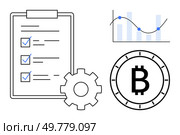 Checklist with ticked boxes, gear symbol, Bitcoin icon, bar graph with trend line. Ideal for cryptocurrency, financial planning, productivity, strategy, investments, data analysis, technology. Line. Checklist, Gear, Bitcoin Symbol, and Graph Representing Financial Planning and Cryptocurrency. Стоковая иллюстрация, агентство Ingram Publishing / Фотобанк Лори