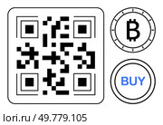 QR code centered with Bitcoin symbol and BUY button. Ideal for cryptocurrency tutorials, payment systems, financial technology, online transactions, investment guides, fintech apps, and digital. QR Code for Bitcoin Payments with Cryptocurrency and Buy Options. Стоковая иллюстрация, агентство Ingram Publishing / Фотобанк Лори