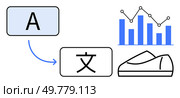 Letter A translating to a Chinese character, bar chart with line graph, and shoe sketch. Ideal for translation services, data analysis, product design, international business, education, marketing. Language Translation, Data Analysis, and Product Design Concept Featuring Graphs, Text, and Footwear. Стоковая иллюстрация, агентство Ingram Publishing / Фотобанк Лори